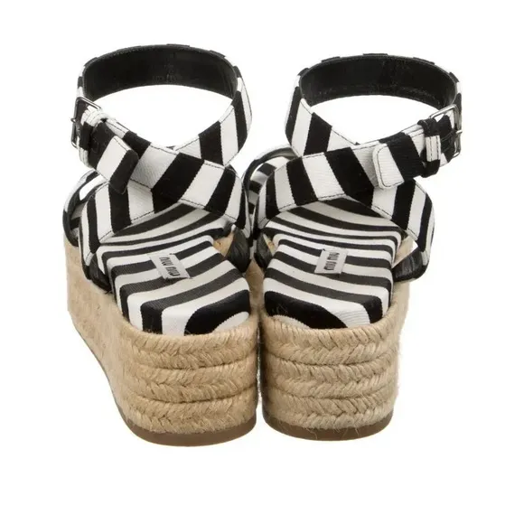 MIU MIU Canvas Black &amp; White Striped Cloth Espadrilles. Buckle ankle straps.