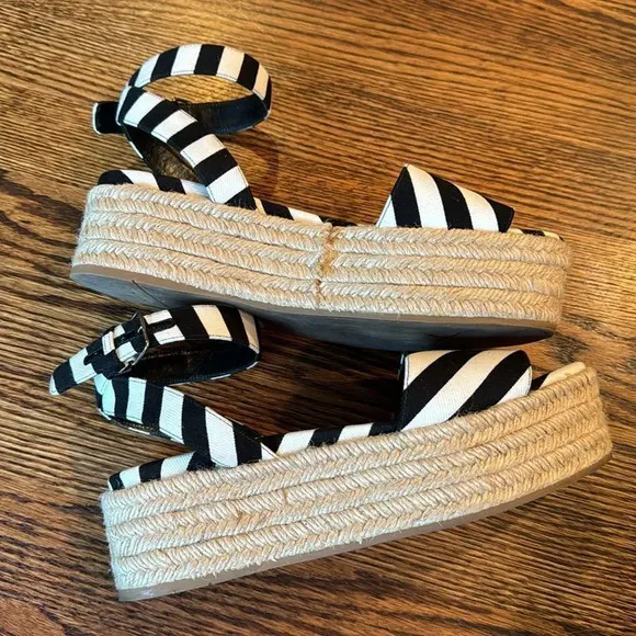 MIU MIU Canvas Black &amp; White Striped Cloth Espadrilles. Buckle ankle straps.