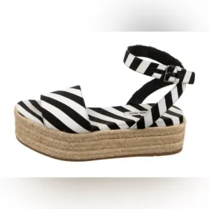 MIU MIU Canvas Black &amp; White Striped Cloth Espadrilles. Buckle ankle straps.