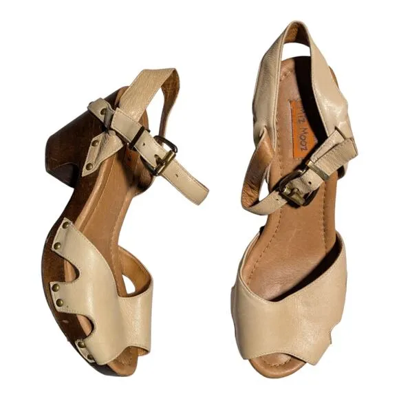 Miz Mooz Heather Beige Leather Studded Wooden Heel Ankle Strap Sandals Sz 7