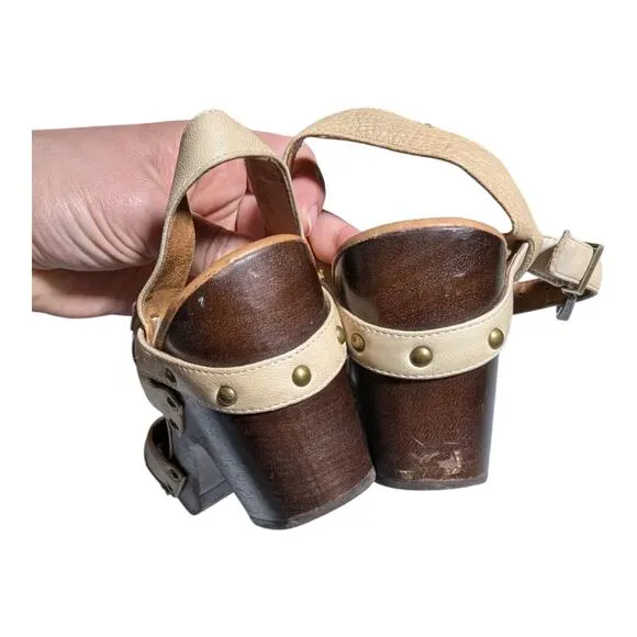 Miz Mooz Heather Beige Leather Studded Wooden Heel Ankle Strap Sandals Sz 7