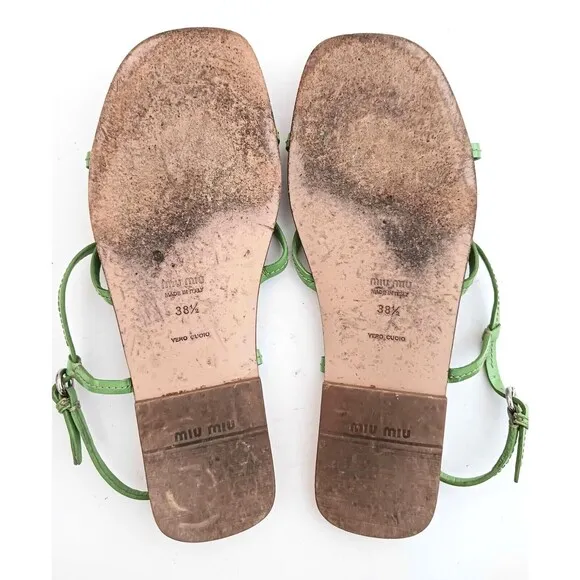 Mui Mui PRADA Green Patent Strappy Flat Sandal Cork Insole 38.5 Made in Italy