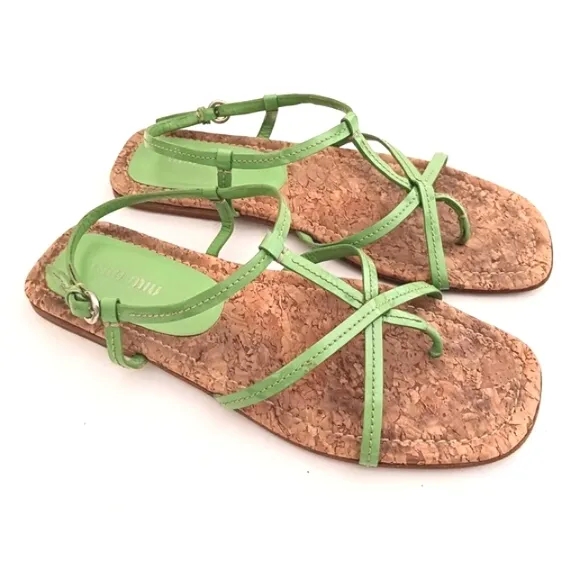 Mui Mui PRADA Green Patent Strappy Flat Sandal Cork Insole 38.5 Made in Italy