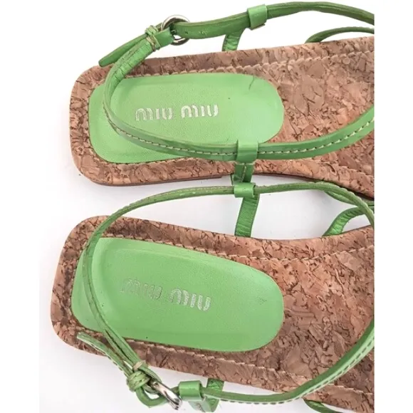 Mui Mui PRADA Green Patent Strappy Flat Sandal Cork Insole 38.5 Made in Italy