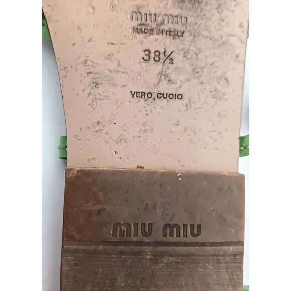 Mui Mui PRADA Green Patent Strappy Flat Sandal Cork Insole 38.5 Made in Italy