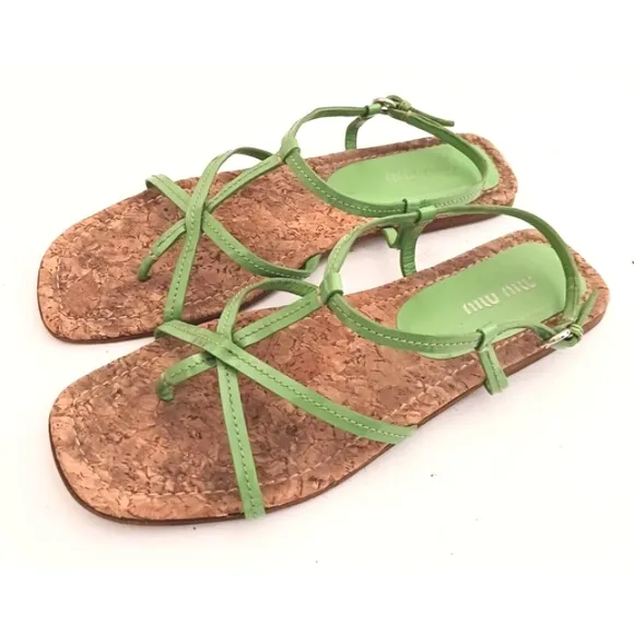 Mui Mui PRADA Green Patent Strappy Flat Sandal Cork Insole 38.5 Made in Italy