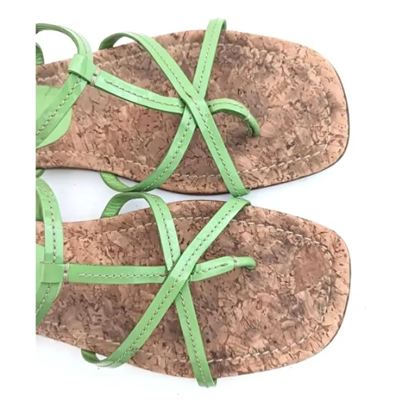 Mui Mui PRADA Green Patent Strappy Flat Sandal Cork Insole 38.5 Made in Italy