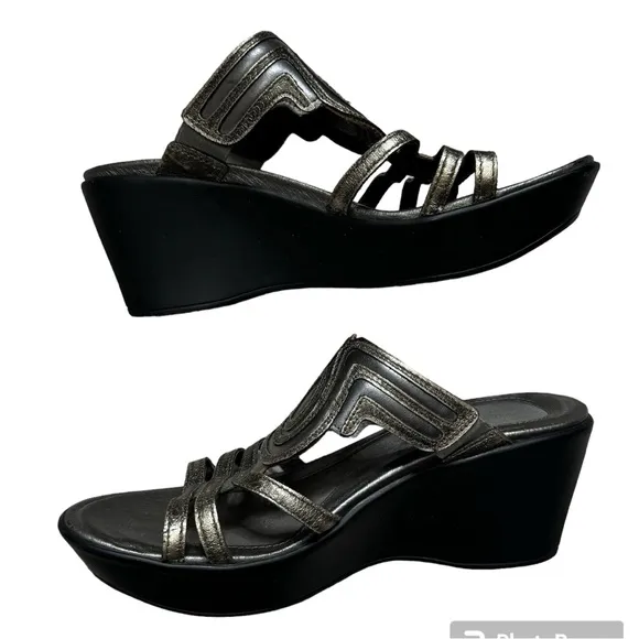 Naot Enchant Pewter &amp; Gold Leather Slip On Platform Wedge Sandals Size 39 8-8.5