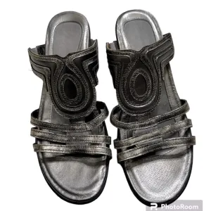 Naot Enchant Pewter &amp; Gold Leather Slip On Platform Wedge Sandals Size 39 8-8.5
