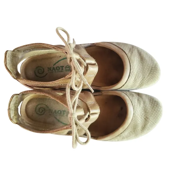 NAOT KATA Nuetral Tan Cream Snake Embossed Leather Lace-Up Sandals Women's SZ 7