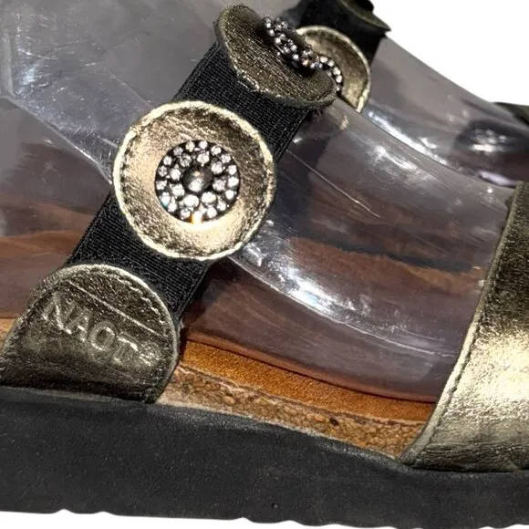 NAOT Marissa Wedge Sandals 37 6 Rhinestone Metallic Gold Leather Platform Slide