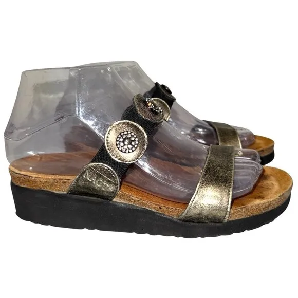 NAOT Marissa Wedge Sandals 37 6 Rhinestone Metallic Gold Leather Platform Slide