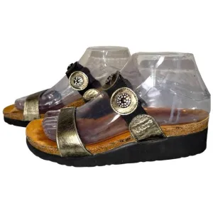 NAOT Marissa Wedge Sandals 37 6 Rhinestone Metallic Gold Leather Platform Slide