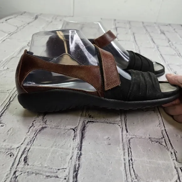 Naot Papaki black suede brown leather open toe closed ankle fern sole sandals