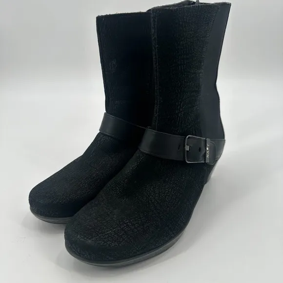 Naot Reflective Crackle Mid Calf Boots Womens 8-8.5 Black Leather Side Zip