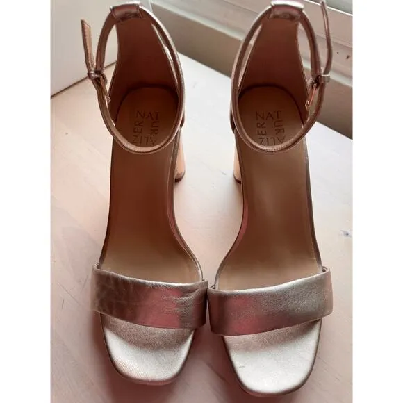 NATURALIZER dark gold Leather VERA ANKLE STRAP BLOCK HEEL SANDALS SIZE 10