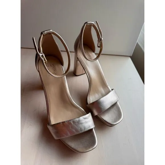 NATURALIZER dark gold Leather VERA ANKLE STRAP BLOCK HEEL SANDALS SIZE 10