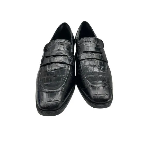 New Aquatalia Riya Croc Embossed Penny Loafers Black Women’s Size 6
