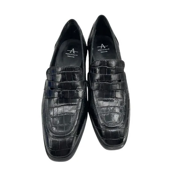 New Aquatalia Riya Croc Embossed Penny Loafers Black Women’s Size 6