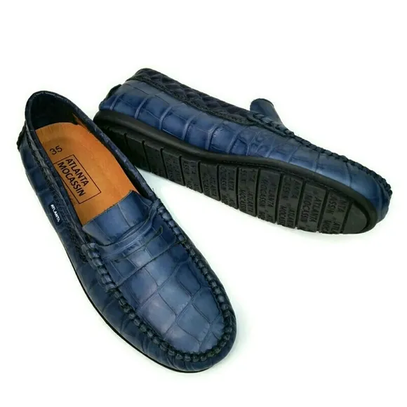 NEW Atlanta Moccasins Blue Crocodile Penny Loafers