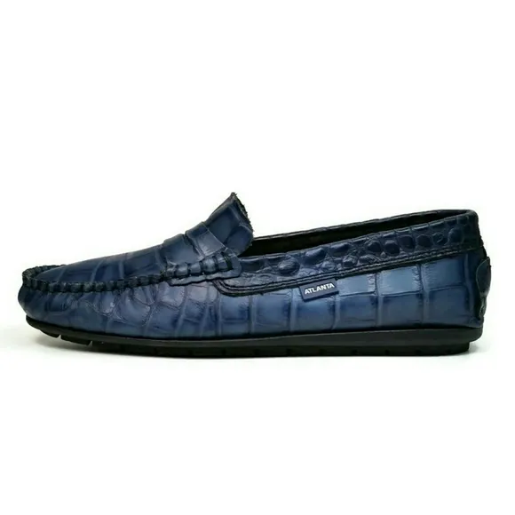 NEW Atlanta Moccasins Blue Crocodile Penny Loafers