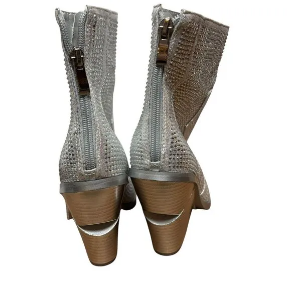 NEW Azalea Wang Boots Silver Rhinestone Vegas Western Cowboy Booties Size 6.5