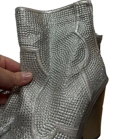 NEW Azalea Wang Boots Silver Rhinestone Vegas Western Cowboy Booties Size 6.5