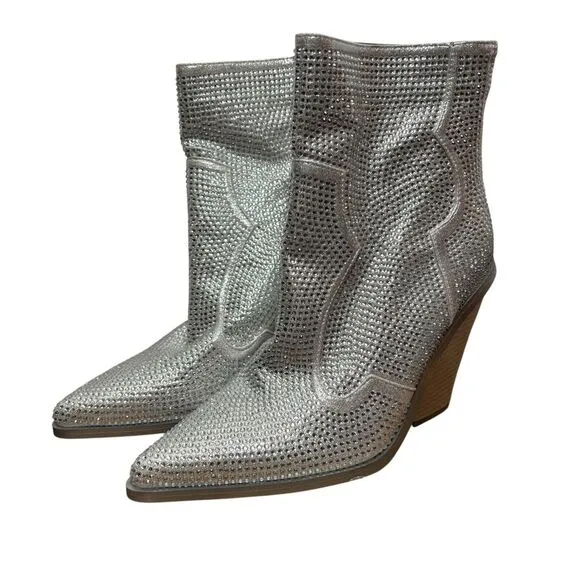 NEW Azalea Wang Boots Silver Rhinestone Vegas Western Cowboy Booties Size 6.5