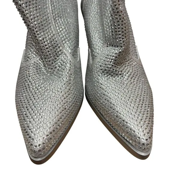 NEW Azalea Wang Boots Silver Rhinestone Vegas Western Cowboy Booties Size 6.5