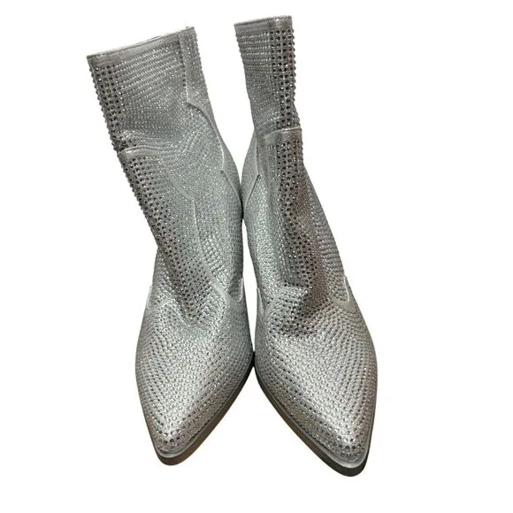 NEW Azalea Wang Boots Silver Rhinestone Vegas Western Cowboy Booties Size 6.5