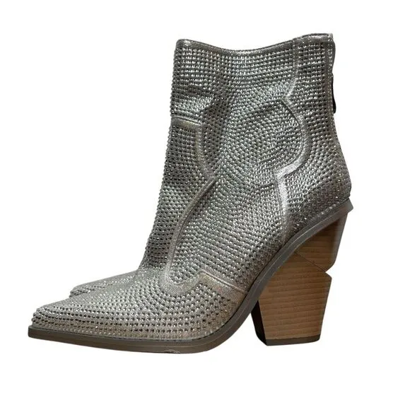 NEW Azalea Wang Boots Silver Rhinestone Vegas Western Cowboy Booties Size 6.5