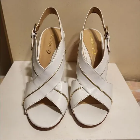 New Boutique 9 White Leather Criss Cross Strap Block Heel Sandals Sz.8 Ret $165