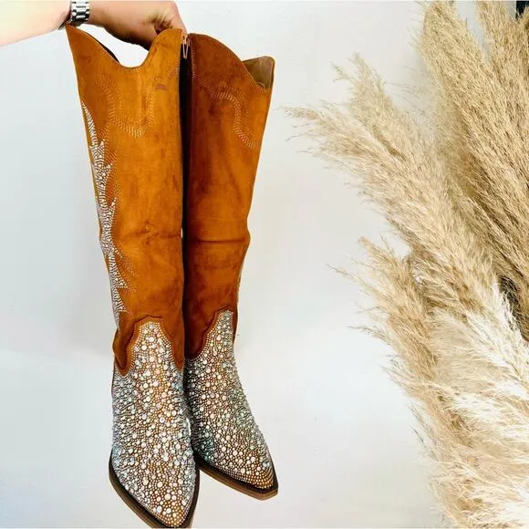 NEW Brown Faux Suede Sequin Glitter Discoball Cowgirl Cowboy Chunk Heel Boots 10