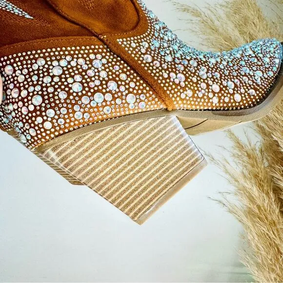 NEW Brown Faux Suede Sequin Glitter Discoball Cowgirl Cowboy Chunk Heel Boots 10