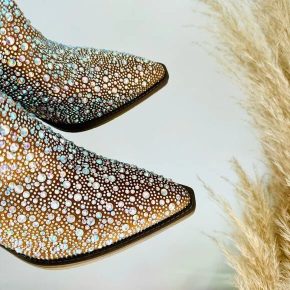 NEW Brown Faux Suede Sequin Glitter Discoball Cowgirl Cowboy Chunk Heel Boots 10