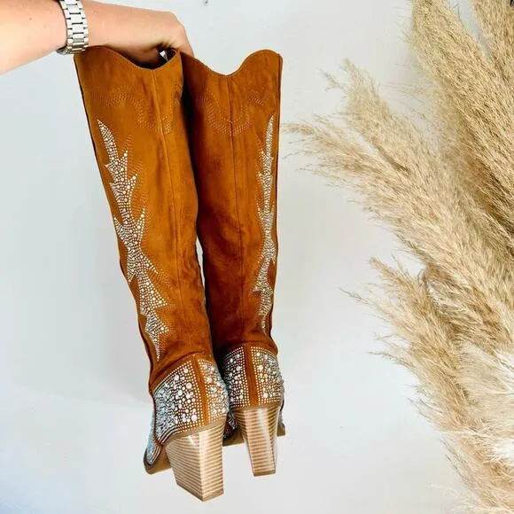 NEW Brown Faux Suede Sequin Glitter Discoball Cowgirl Cowboy Chunk Heel Boots 10