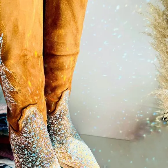 NEW Brown Faux Suede Sequin Glitter Discoball Cowgirl Cowboy Chunk Heel Boots 10