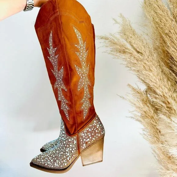 NEW Brown Faux Suede Sequin Glitter Discoball Cowgirl Cowboy Chunk Heel Boots 10