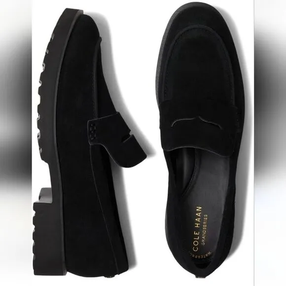 New Cole Haan Geneva Newburg Lug black suede Penny Loafer chunky sole Size 8