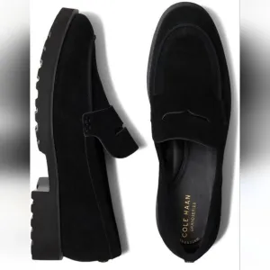 New Cole Haan Geneva Newburg Lug black suede Penny Loafer chunky sole Size 8