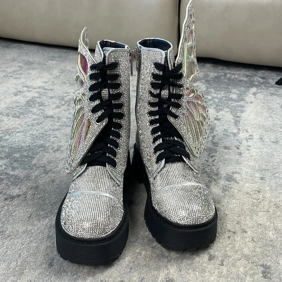 New Dolls Kill Club Exx Rhinestone Butterfly Combat Boots Fairycore Festival 5