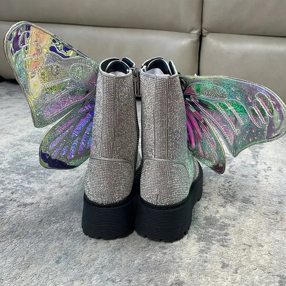 New Dolls Kill Club Exx Rhinestone Butterfly Combat Boots Fairycore Festival 5
