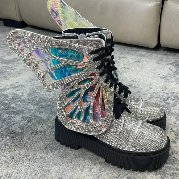 New Dolls Kill Club Exx Rhinestone Butterfly Combat Boots Fairycore Festival 5
