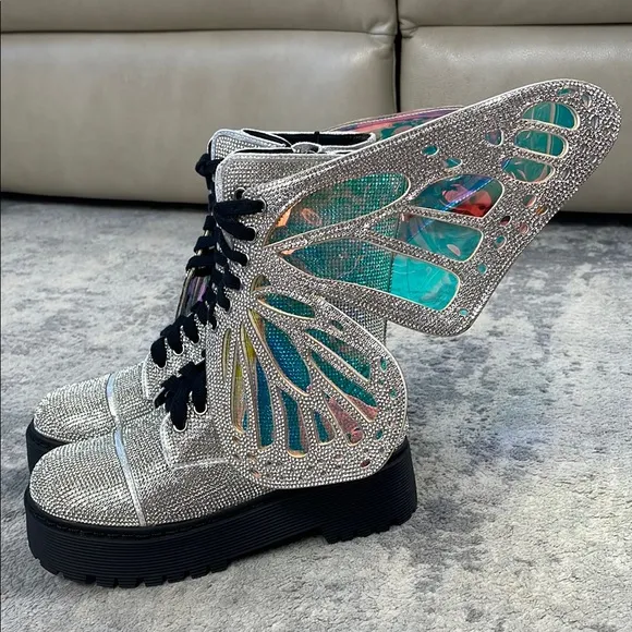New Dolls Kill Club Exx Rhinestone Butterfly Combat Boots Fairycore Festival 5