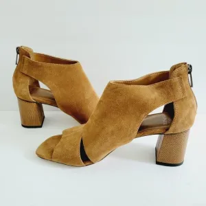 New Donald Pliner Perra Block Heel Suede Sandals Camel Brown Open Toe,Size 9,5