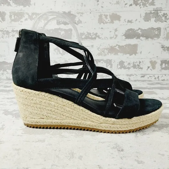 NEW Eileen Fisher Wanda Black Leather Strappy Wedge Espadrille Sandals T43