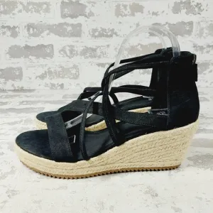NEW Eileen Fisher Wanda Black Leather Strappy Wedge Espadrille Sandals T43