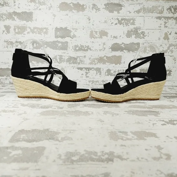 NEW Eileen Fisher Wanda Black Leather Strappy Wedge Espadrille Sandals T43