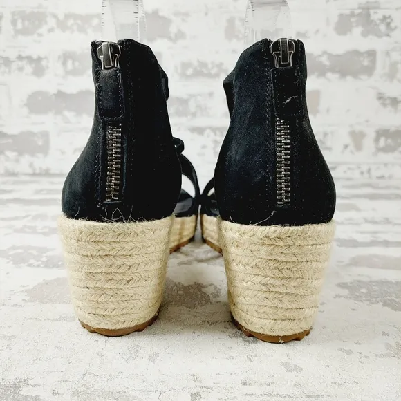 NEW Eileen Fisher Wanda Black Leather Strappy Wedge Espadrille Sandals T43