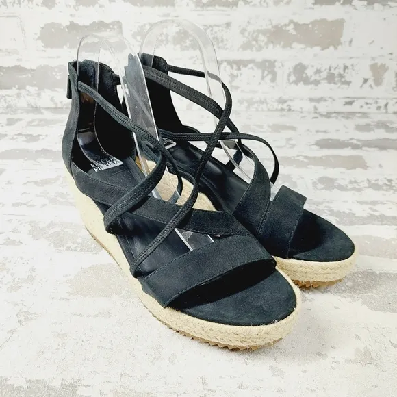 NEW Eileen Fisher Wanda Black Leather Strappy Wedge Espadrille Sandals T43